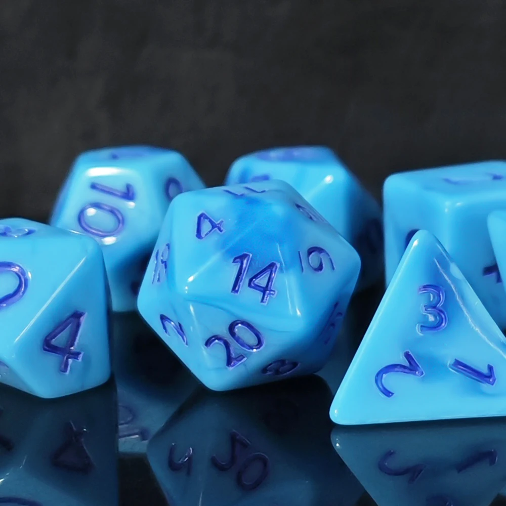 Two-Tone Swirl Blue Dice Set, 7Pcs Polyhedral Dice with Deep Blue Ink for D&D MTG Tabletop Games