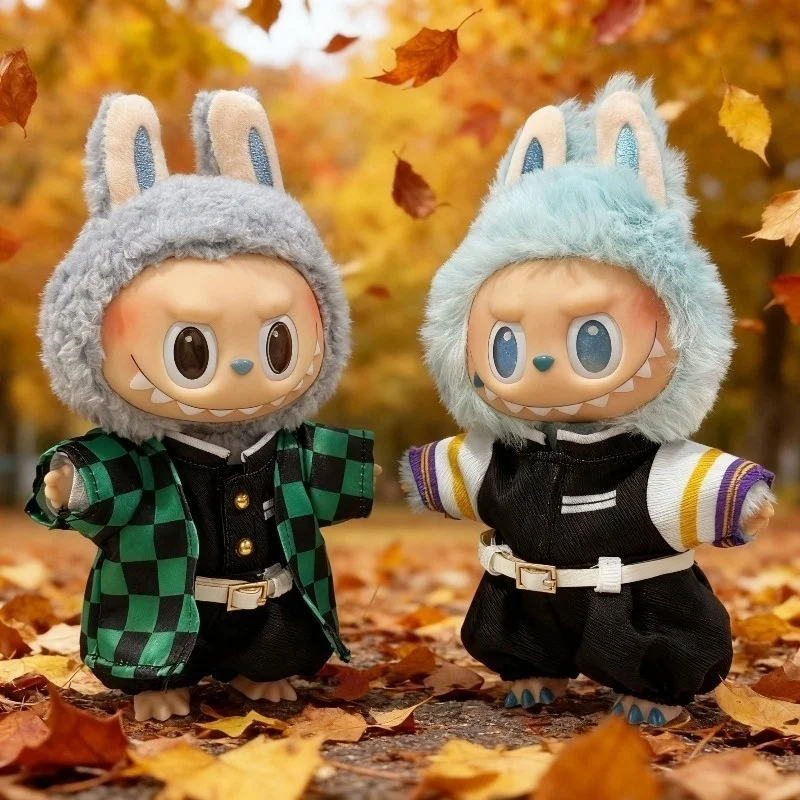 

Ghost Slayer для одежды Labubu, набор с героями мультфильмов Inosuke Zenitsu Tanjirou с ножом на солнечном колесе, мини-кукла, аксессуары для одежды, игрушка