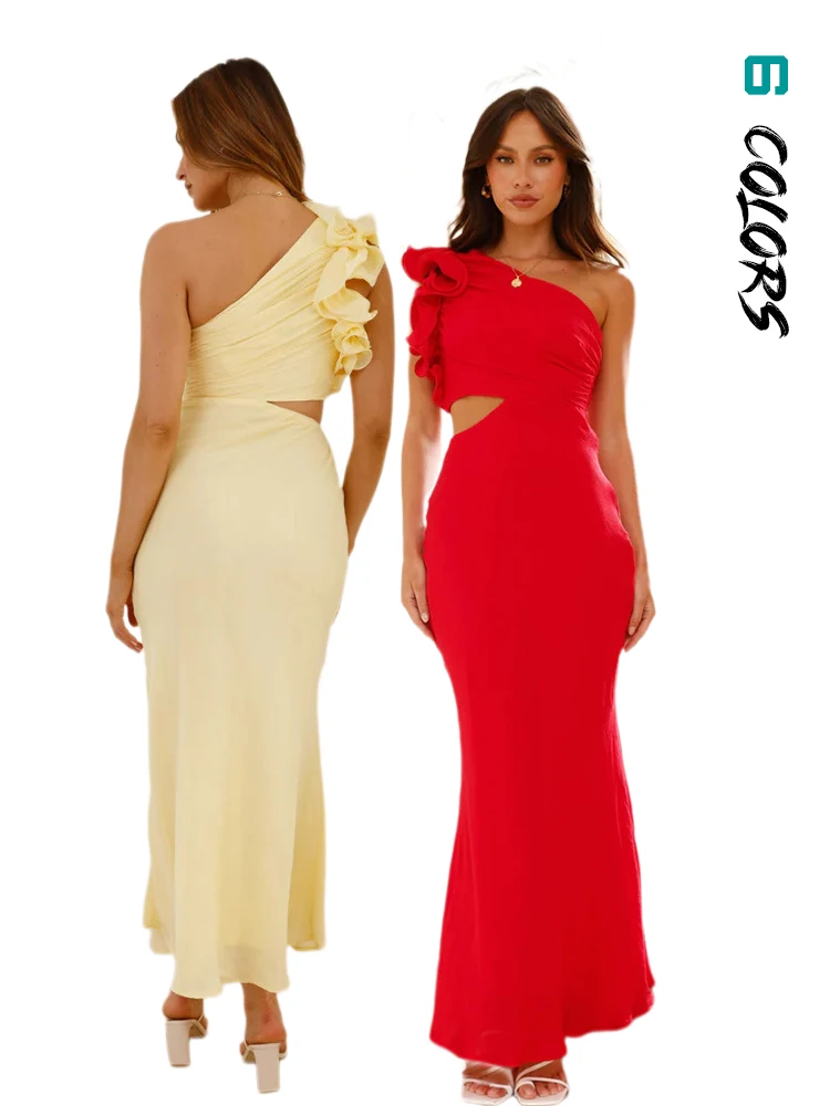 ผู้หญิงหนึ่งไหล่แขนยาวForkedชุดยาวเซ็กซี่Bodyconเซ็กซี่Streetwear Party Club Elegant 3Dดอกไม้Streetwearเสื้อผ้า