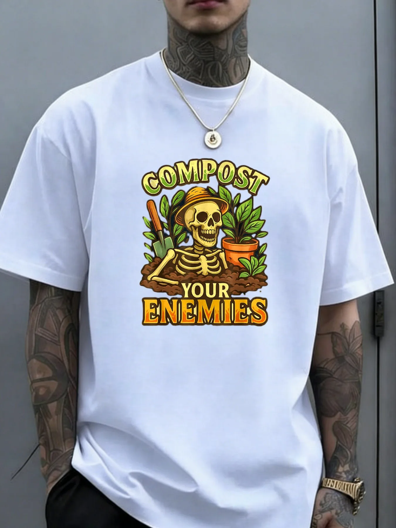 1pc Mens Graphic T Shirt Funny Compost Your Enemies Skeleton Gardening Print Short Sleeve Crew Neck
