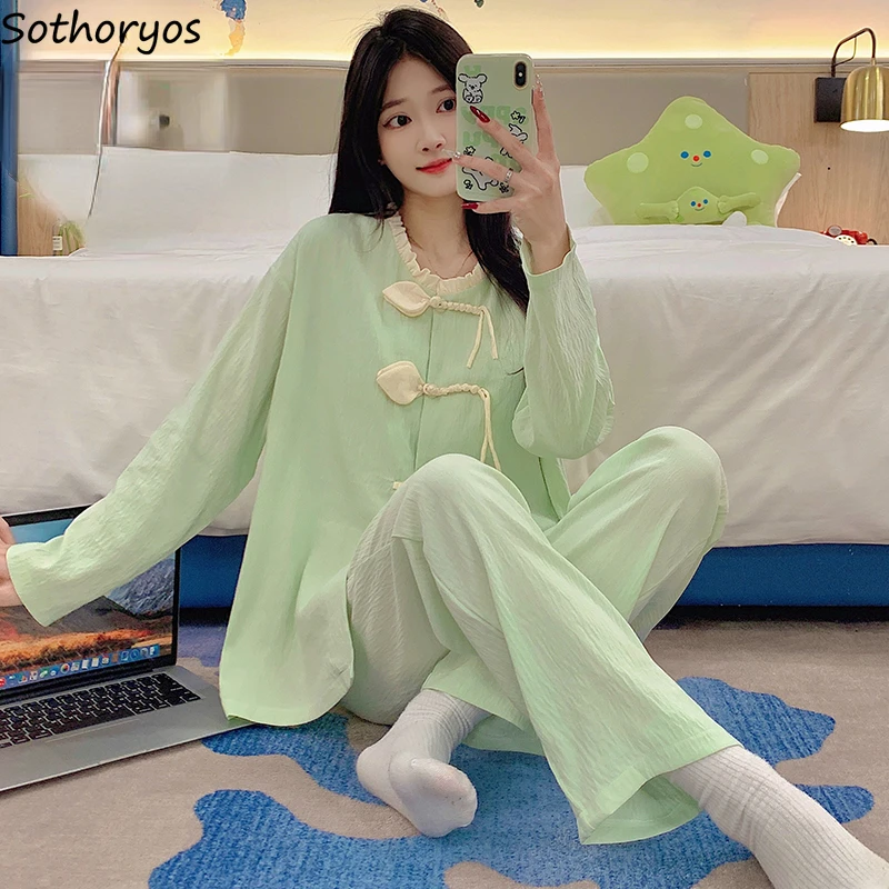 Sweet Pajama Sets Women Soft Print Sleepwear Girlish Spring Autumn Lounge Chinese Style Aesthetic Home Casual Fashion Dormitory