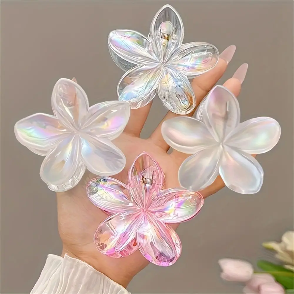 Sweet Laser Plumeria Shark Clips Acrylic Flower Hair Claws Fashion Headwear For Girls Holiday Beach Styling Hair Pin Tool