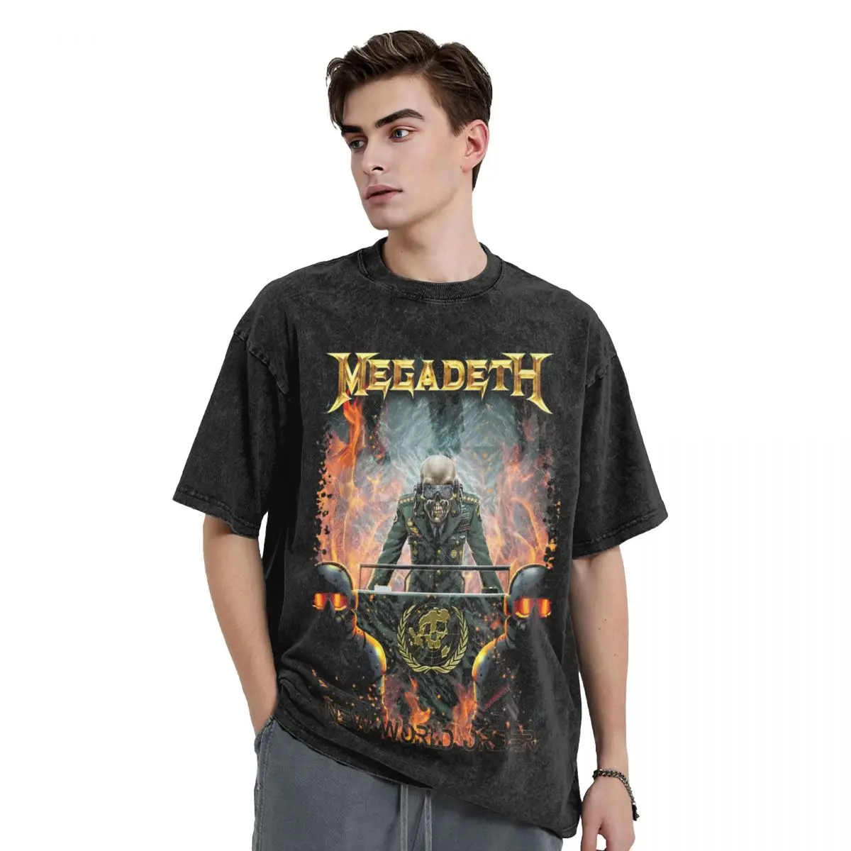 New World Order Metal Rock Band Washed T Shirts Streetwear Hip Hop Vintage T-Shirts Megadeths Tee Shirt Men Women Cotton Printed