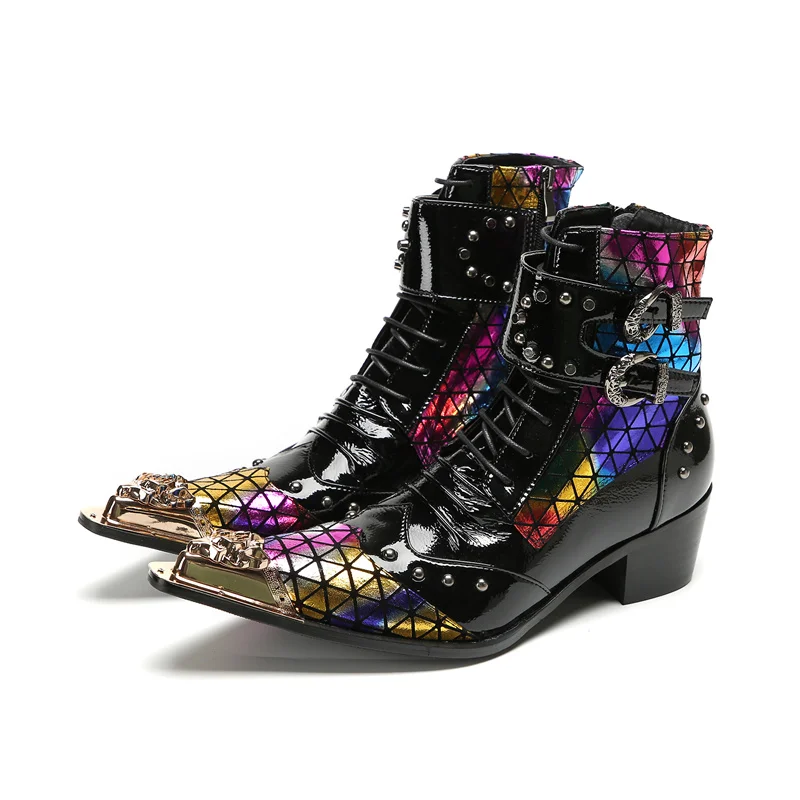 Men Ankle Boots Large Size Pointed Toe Patent Leather Lace Up Punk Gothic Rainbow Rivet Studded Rock Male Motorcycle Short Boots