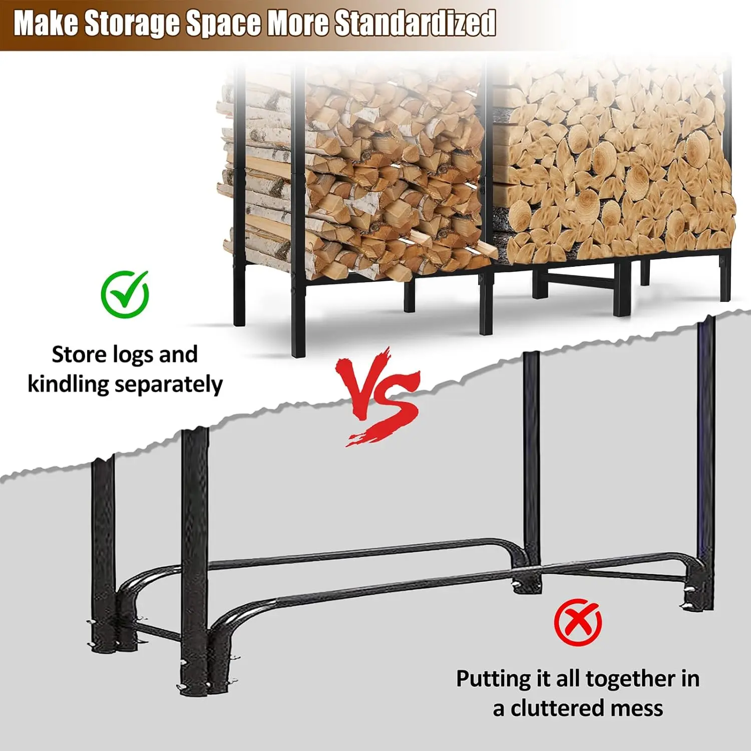 Outdoor Firewood Rack with Cover, Heavy-Duty Log Holder for Patio and Courtyard Storage