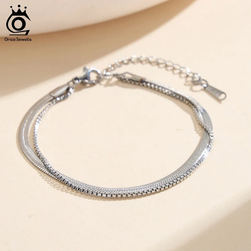 

ORSA JEWELS Stainless Steel Layered Snake Chain Bracelets for Women 3mm Box Links Wristband Chain Bracelet Dainty Jewelry STCB09