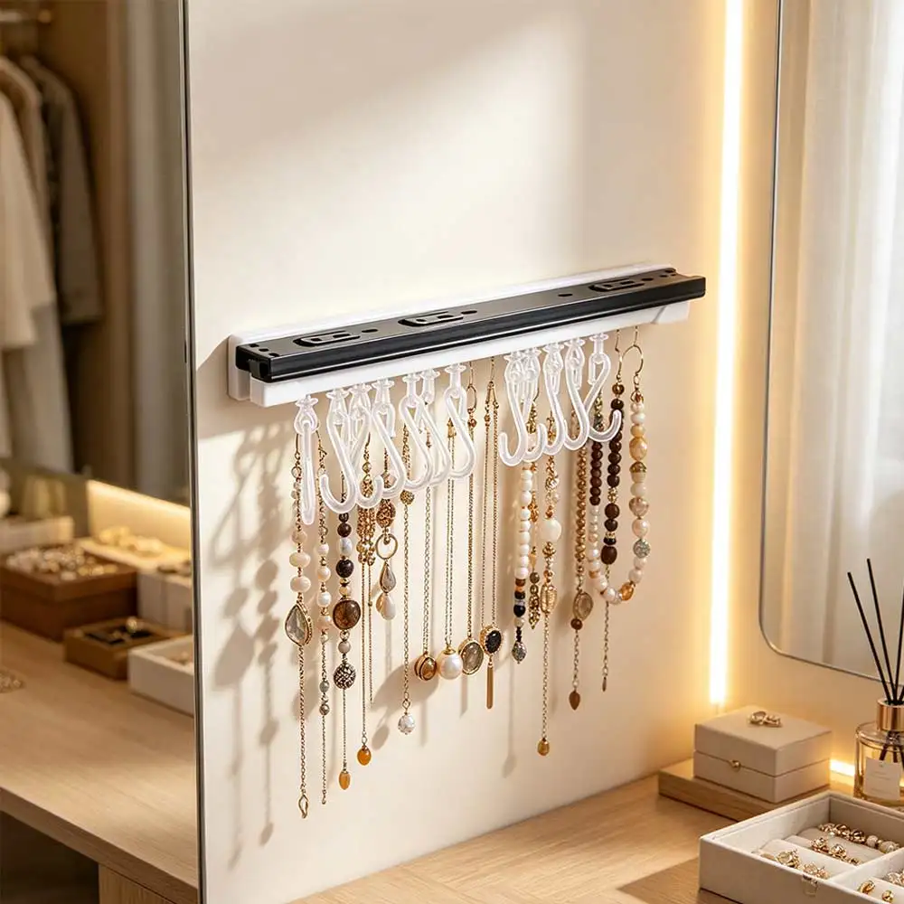 Push and Pull Sliding Rail S Hooks Stainless Steel Non Punching Wall-mounted Jewelry Display Self-adhesive Plastic