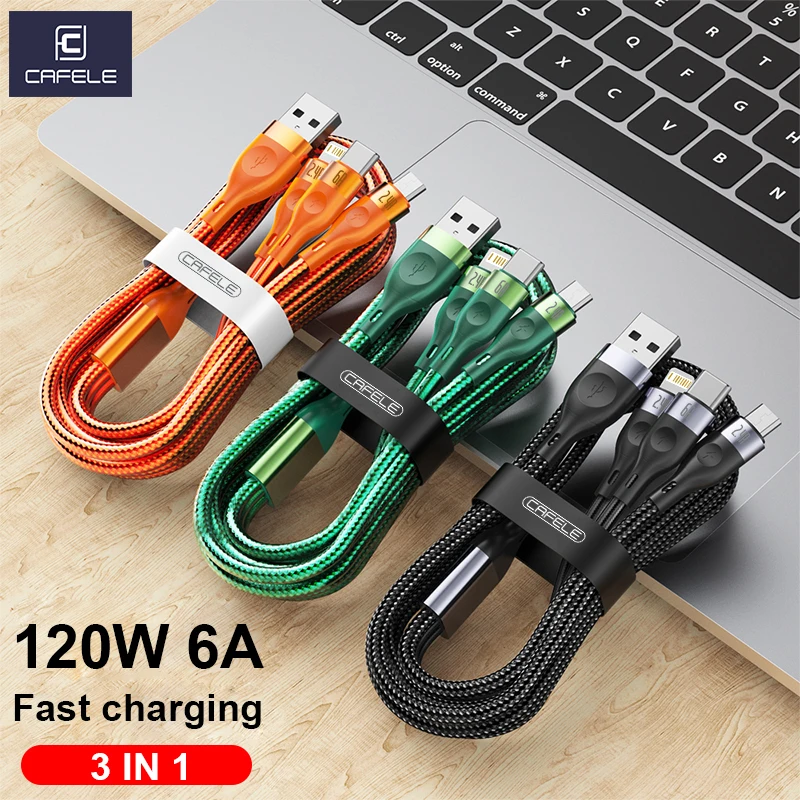 

CAFELE 120W 6A High Speed Charging 3 in1 Lightning Cable for iphone 16 15 14 13 12 11 Micro USB Type C Multi Charger Data Cord
