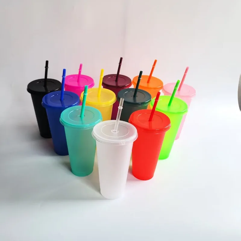 5PCS Assorted Solid Color Reusable 24oz Plastic Cold Cup Coloured Cup Colored Straw Cup Glasses with Straw and Lid no logo 710ML