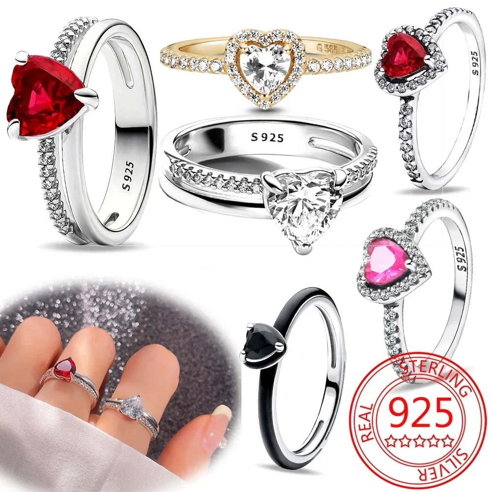 Valentine Day Engagement Ring 925 Sterling Silver Heart, Red, Pink, White, Blue Ring for Women Holiday Jewelry Gift