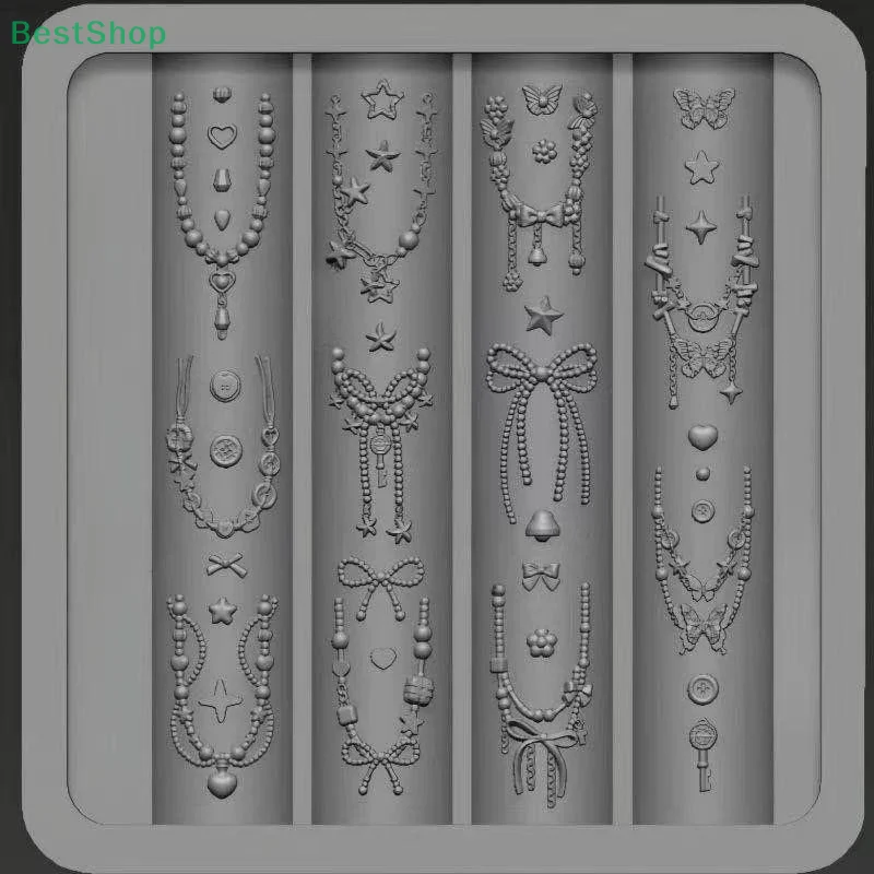 🍄 3D シリコーンネイルアートモールドレリーフちょう結びビーズチェーンストラップハートデザイン DIY ネイルデコレーション透明マニキュアテンプレート