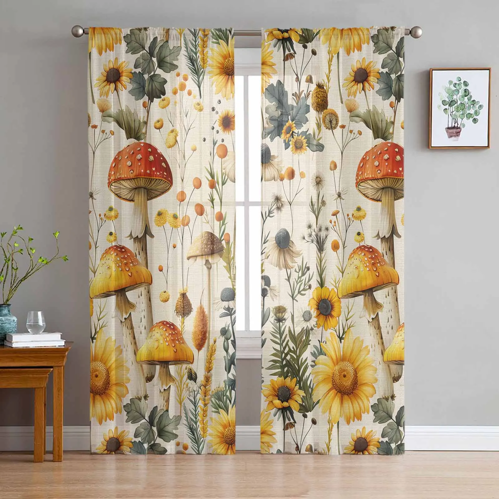 Mushroom Sunflower Flower Plant Vintage Window Tulle Curtains for Living Room Kitchen Modern Window Treatments Voile Curtains