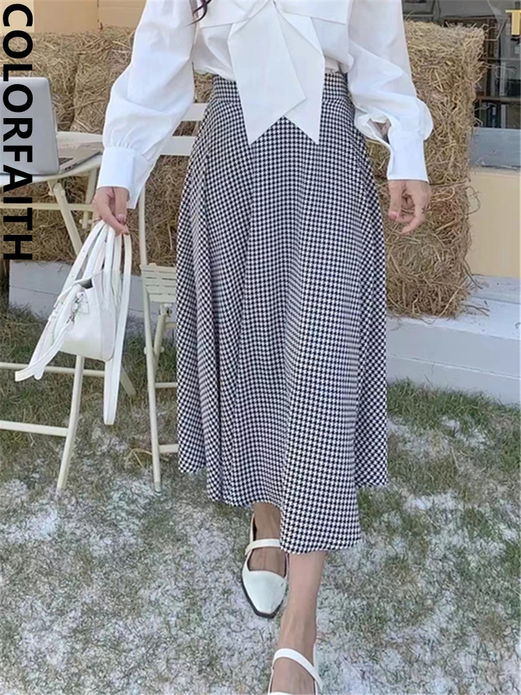 Colorfaith SK9642JM New 2024 Checkered Vintage High Waist A-Line Elegant Korean Fashion Wild Spring Summer Women Long Skirts