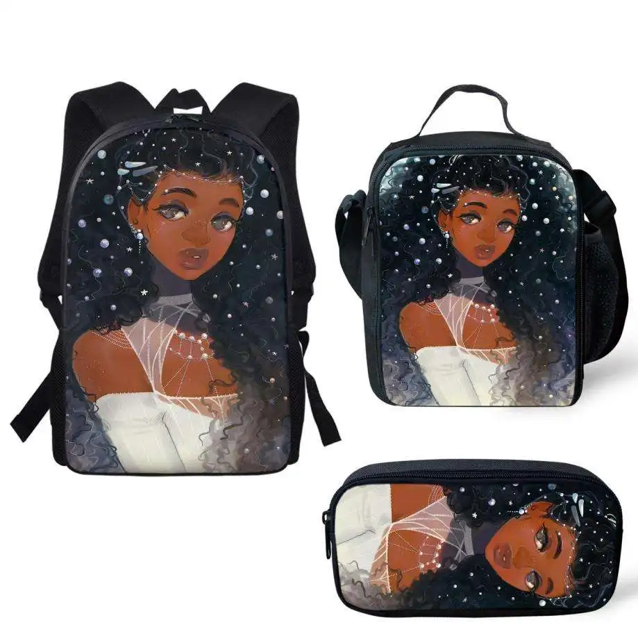 

African American Black Art Print Girls 3pcs/set Backpack Lunch Boxes Pencil Bag School Bag for Teens Boys Girls Laptop Backpack