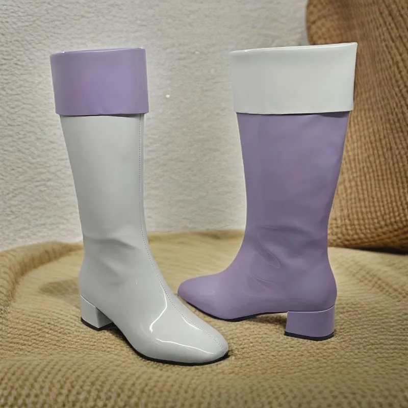 Women Two Tone Patent Leather Long Boots Color Blocking Mid High Thick Heel Stage Ladies Size Purple Pink Red Orange Dress Boots