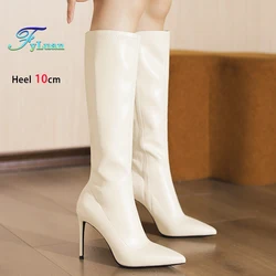 Spring Autumn Women Pointed Toe Boots 6CM 8CM 10CM Stiletto Heels Side Zip Knee High Boots Ladies Black Beige high-heeled Shoes