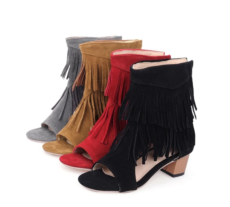 ASILETO Big size 32-46 peep toe summer boots high heelswomen tassel zipper western ankle boots sandals nubuck leather ringe 1377