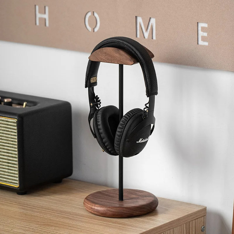 Walnut Wood & Metal Headphone Stand – Minimalist Gaming Headset Holder for Desk, Office & Home – Premium Earphone Display Rack