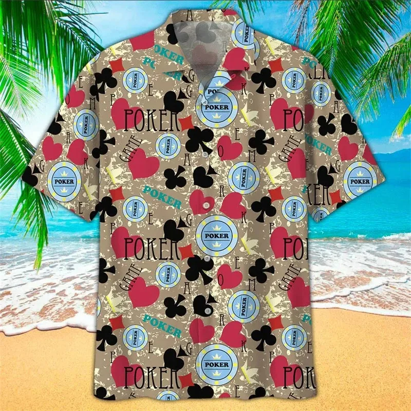 Camisa havaiana masculina padrão pôquer, manga curta lapela, camisas estampadas em 3D, streetwear verão, blusa casual extragrande, tendência da moda