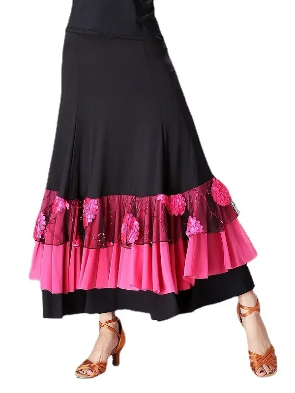 Women Flamenco Ballroom Practice Dress Spanish Fancy Belly Dance Wear Sequin Flower Embroidery Ruffle Big Wing Gypsy Stage Skirt