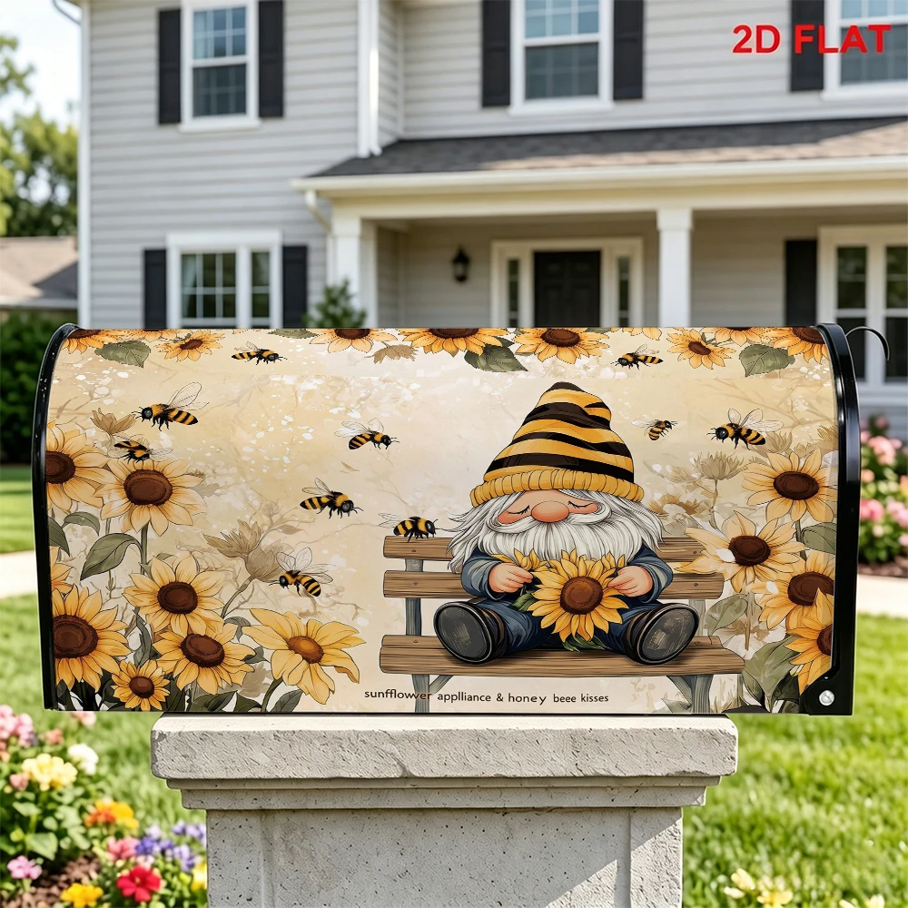 Sunflower Bee Gnome Mailbox Cover, Gnome Holding Sunflower on Bench with Bees
