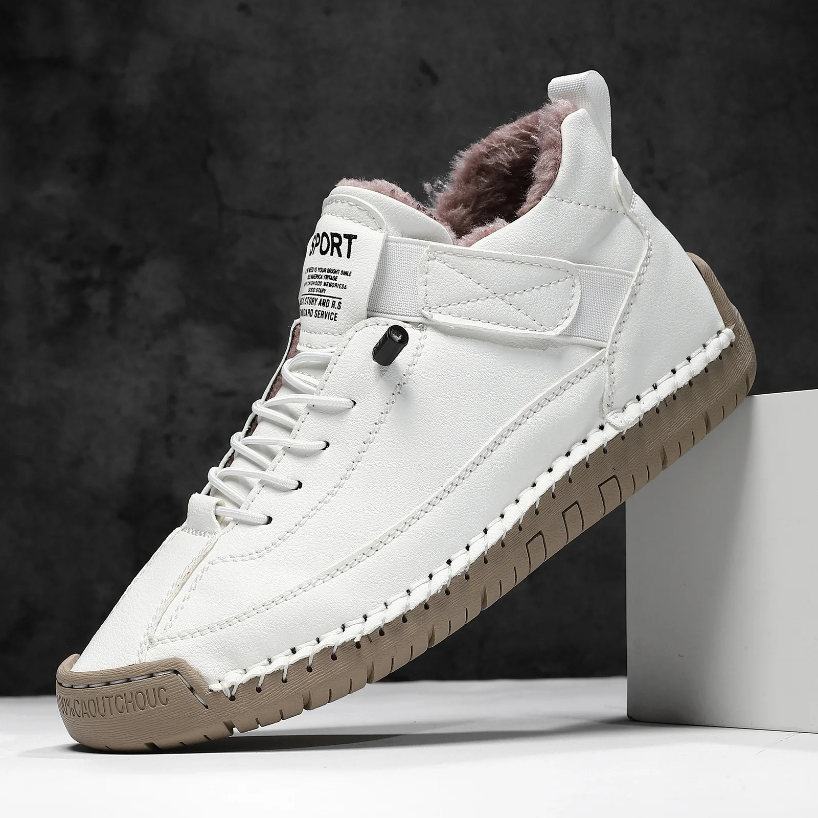 Hand-stitched Leather Men Boots Casual Warm Soft-soled Women Flats Fashion Moccasins Winter High-top Driving Loafers Plus Size
