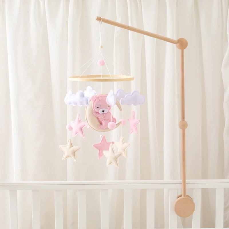 Crib Mobile Baby Wooden Bed Bell Baby Rattles Soft Felt Cartoon Bear Toys Hanger Crib Mobile Bed Bell Wood Toy Bracket Kid Gifts