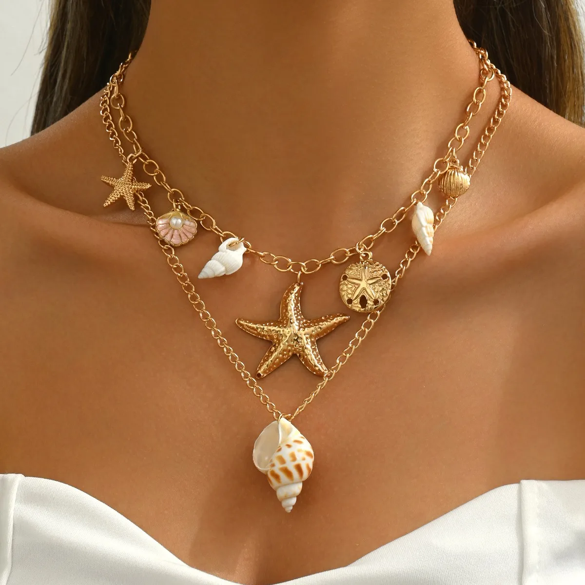 

Shell Starfish Conch Pendant Necklace For Women Bohemian Gold Color Chic Beach Jewelry Charm Clavicle Chain Vacation Party Gift