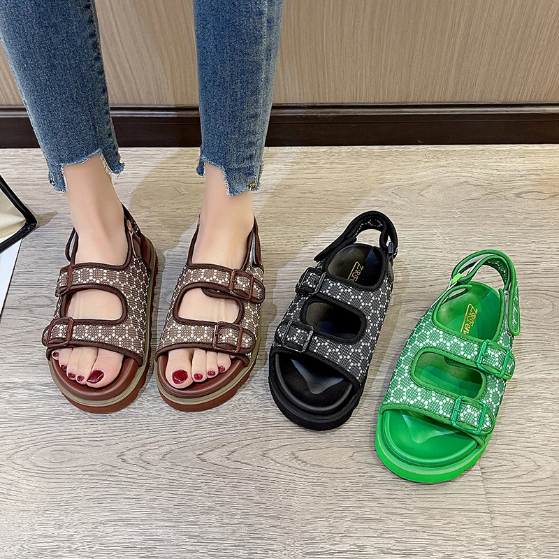 2023 Summer Women\'s Sandals New Comfortable Thick Sole Sandals Round Toe Plaid Open Toe Sports Sandals Wedges Shoes For Women