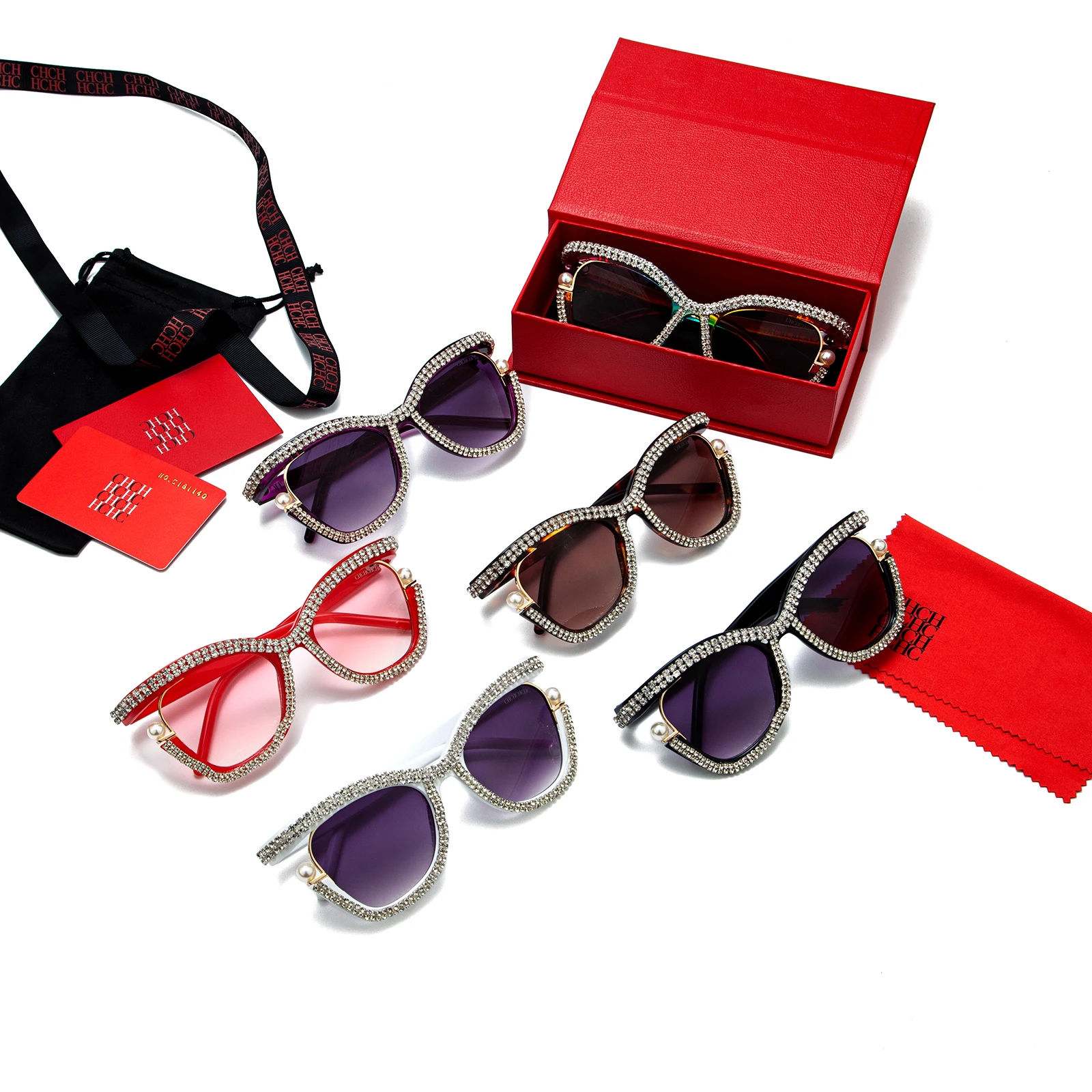 

CHILN HENA Classic Cat-Eye Sunglasses PC Frame TAC Lens UV Protection Rhinestones Black/Leopard Gift Box for Women