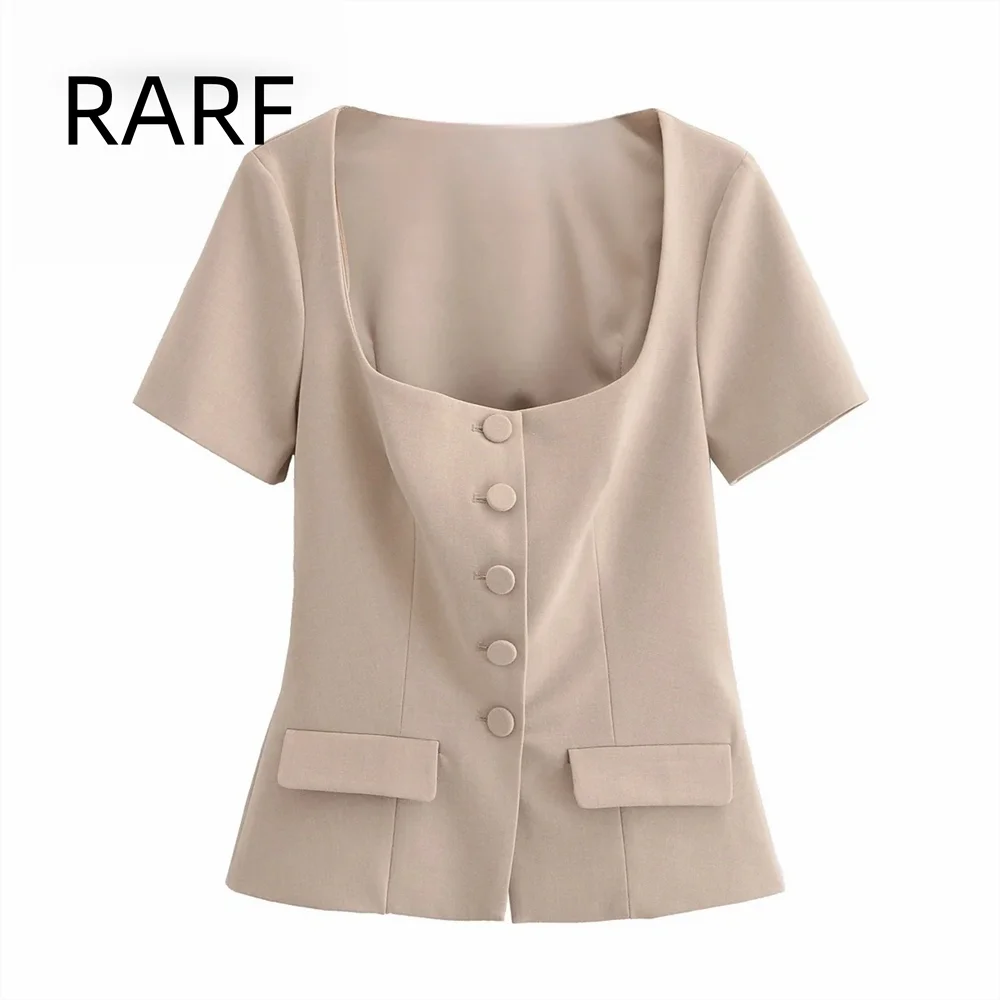 

New autumn and winter women's short sleeved square neck simple flip pocket button decoration versatile slim fit top