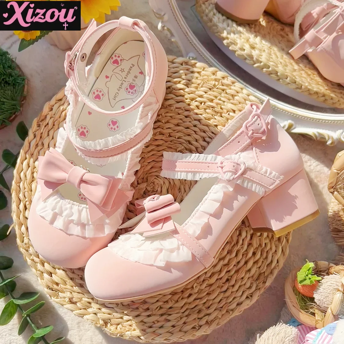 اليابانية الأصلية الحلو ولطيف فتاة لوليتا أحذية دمية الشعور متوسطة الكعب أحذية السيدات القوس القديم الدانتيل عالية الكعب للنساء