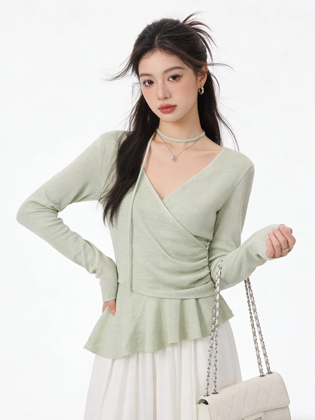 Mint Green Knitted V-Neck Crossed Pleated Slimming Short Top Spring Fashion Casual Style Standard Fit Long Sleeve T-Shirt