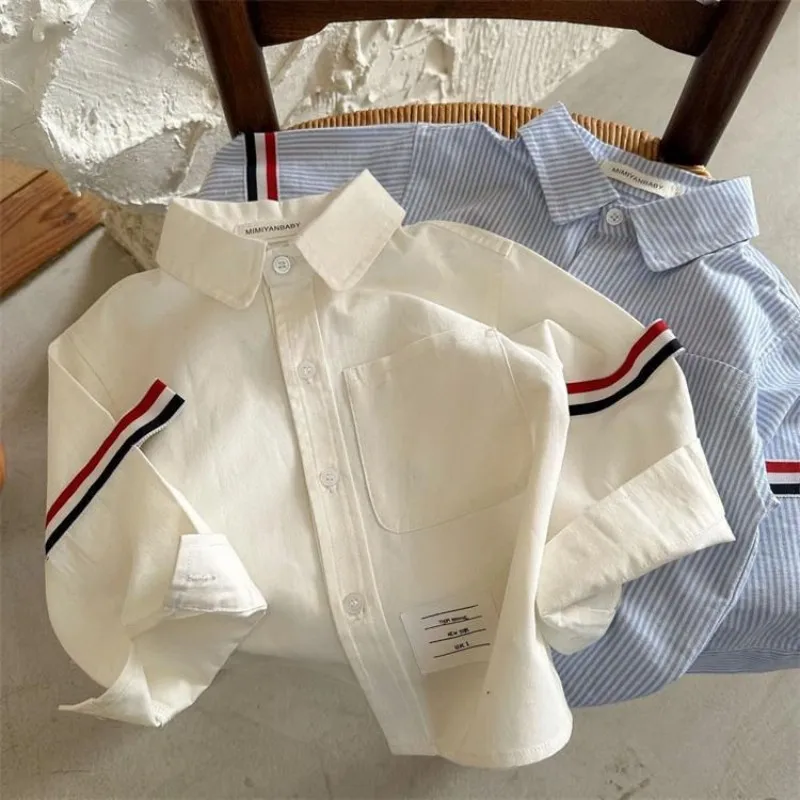 Spring and Autumn Children's Long sleeved Shirt with Flip Collar for Boys and Girls Shirt Stripe Pocket Children's Clothing