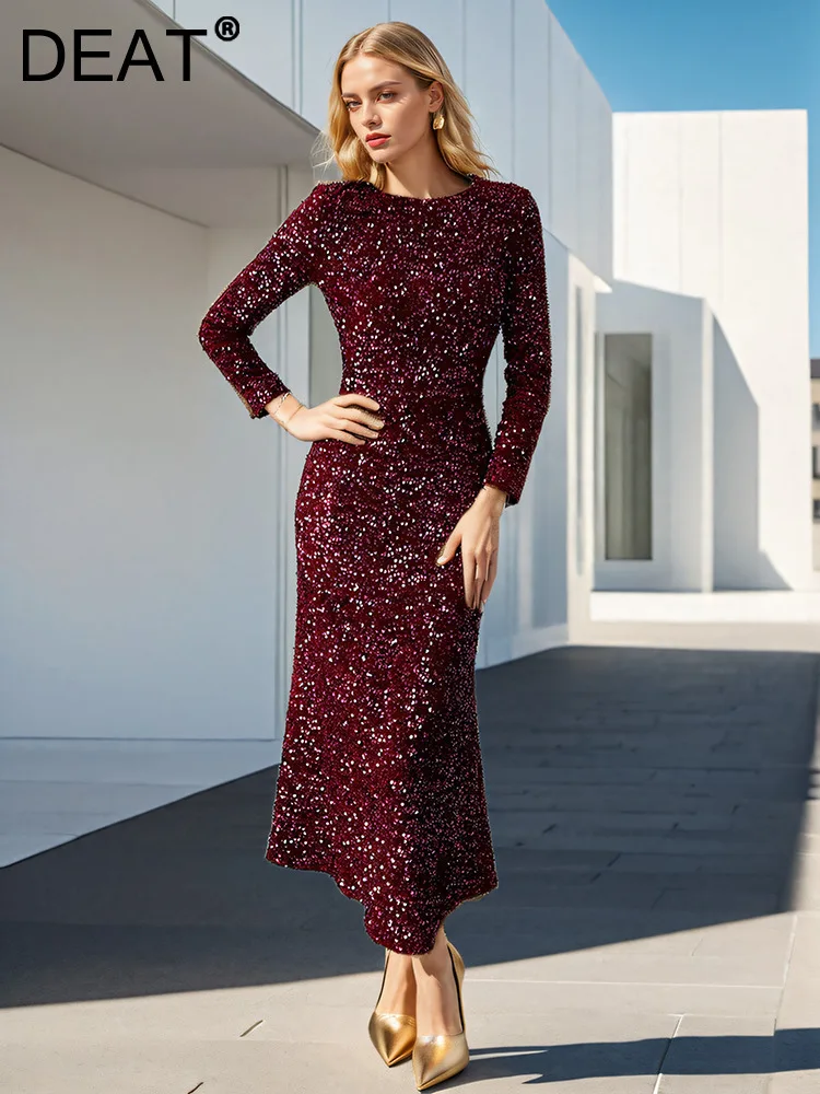 DEAT Fashion Women's Velvet Sequin Dress Round Neck Slim Fit Long Sleeves Blue Mid-calf Fishtail Dresses Autumn 2024 New 7AB6187