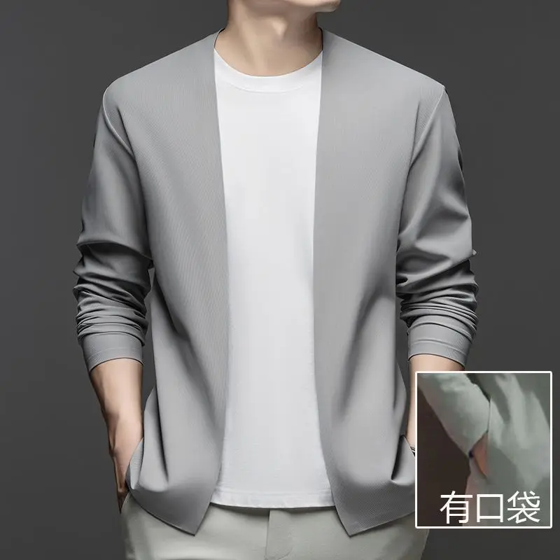 Men Autumn Solid Color Collarless Open Front Jacket Comfort Casual Versatile Outerwear Tops
