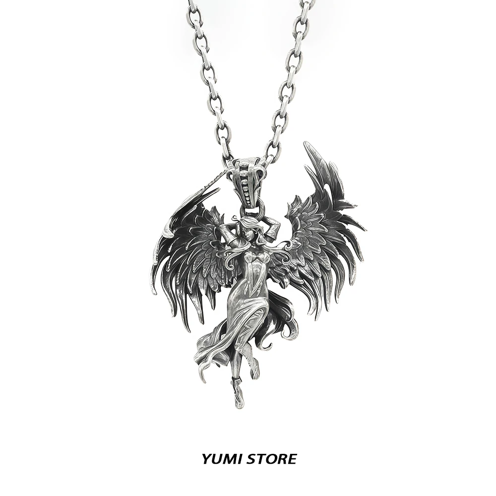 Vintage Fallen Angel Pendant Necklace for Man Woman Original Design Non Fading Titanium Sweater Chain Punk Jewelry Gift