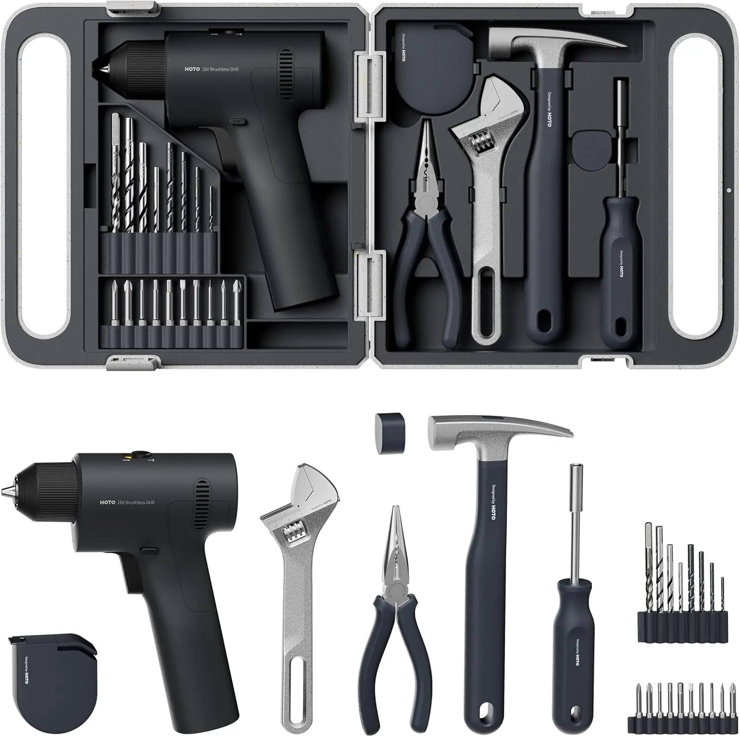 

25PCS Household Tool Kit with 16V Brushless Drill, Keyless Chuck, Smart Display, LED Light, Includes Hammer and Bits