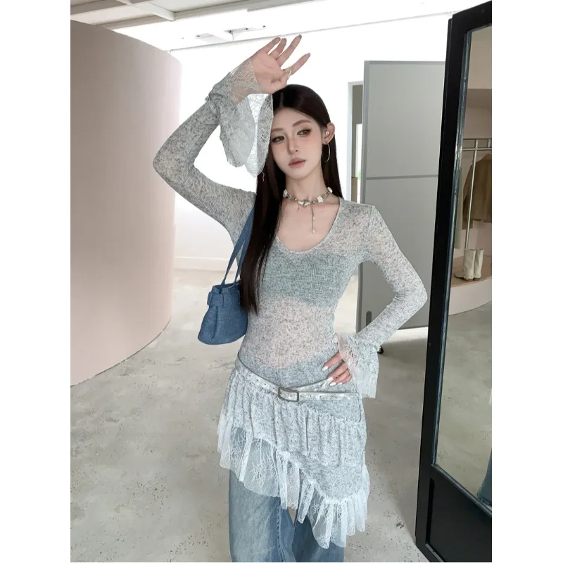 Retro Style Long Sleeve Knitted T-Shirt Dress Lace Splicing V-Neck Half Transparent Layering Slimming Waist Design Base Skirt
