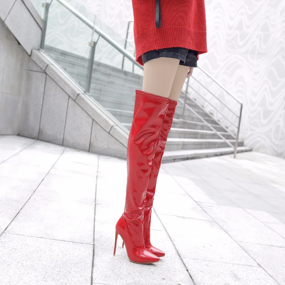 Elastic Thigh High Boots Women Red Thin Heels Over-the-knee Boot Sexy Zipper Nightclub Dance Ladies Long Latex Shoes Big Size 45