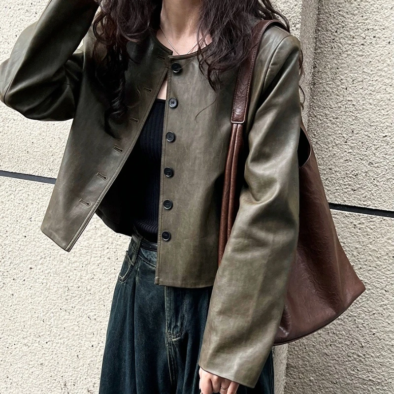 Coffee Green O-neck Pu Leather Overcoats Single Breasted Solid Faux Leather Jackets Vintage Distressing Casual Short Loose Coats