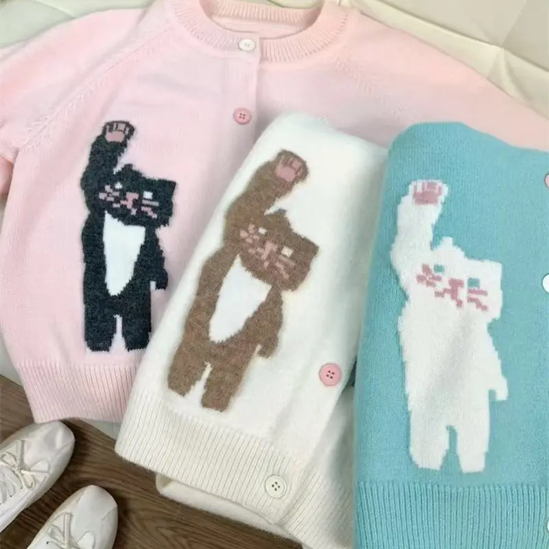 

Y2K Korean Preppy-style Cute Cat Embroidery Cardigan Jackets Sweet Young Women Lolita Style Autumn Knitting Coats Kawaii Clothes