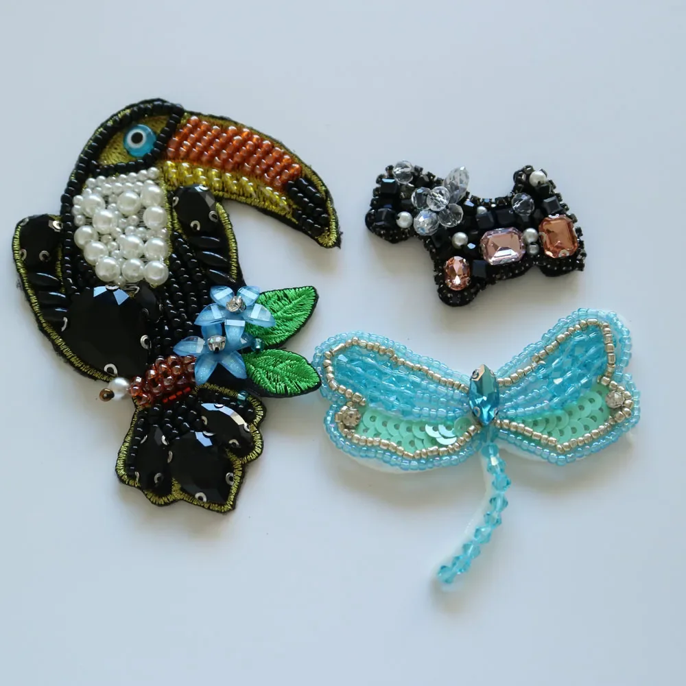 Fashion 3D Handmade Rhinestone beaded Patches for clothing Bird animals embroidery applique Parches Handmade sequins patch