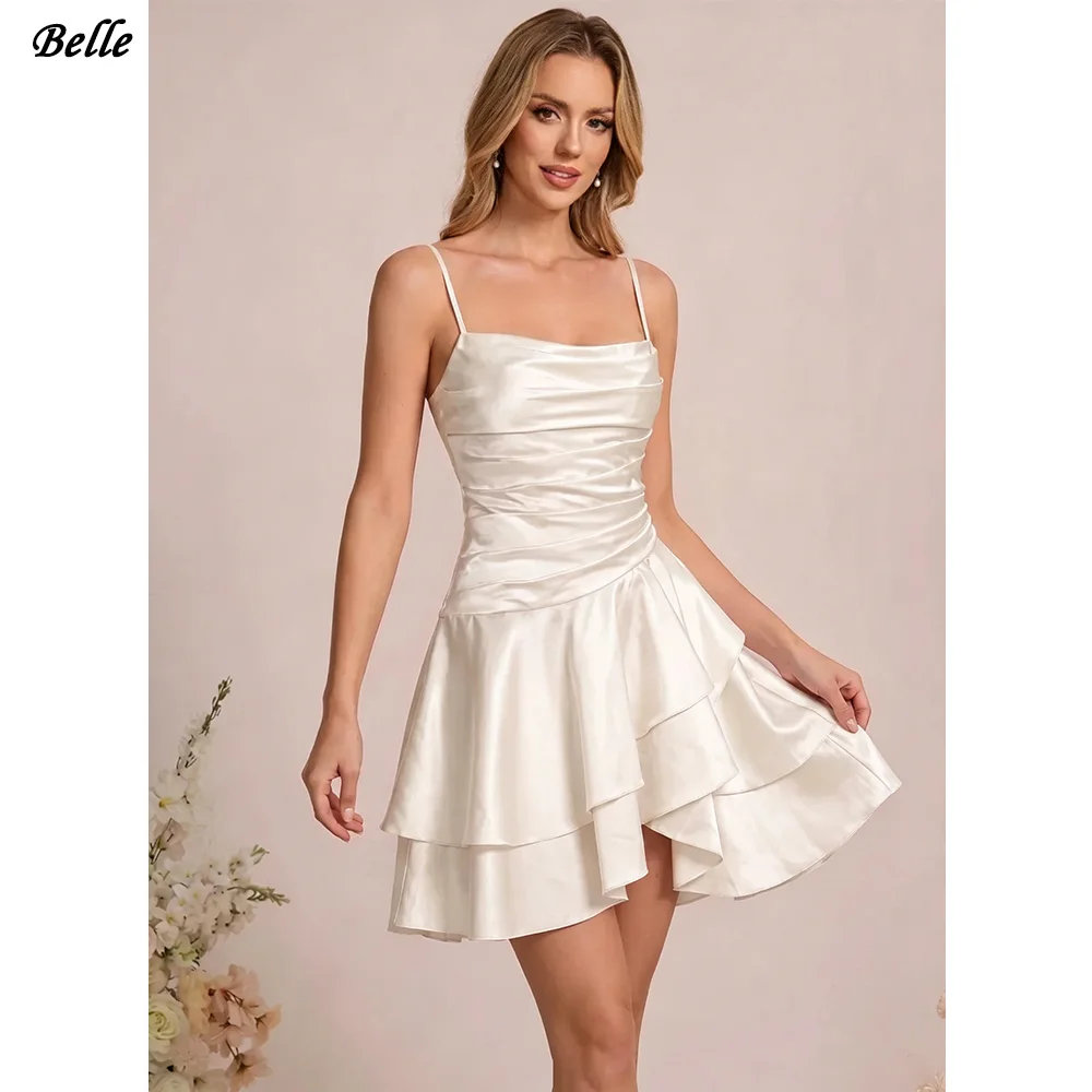 Customized Wedding Dresses Satin Mini Dress Bridal Grownscowl Neck Ruched Waist Asymmetric Ruffle Vestidos De Novia 2026