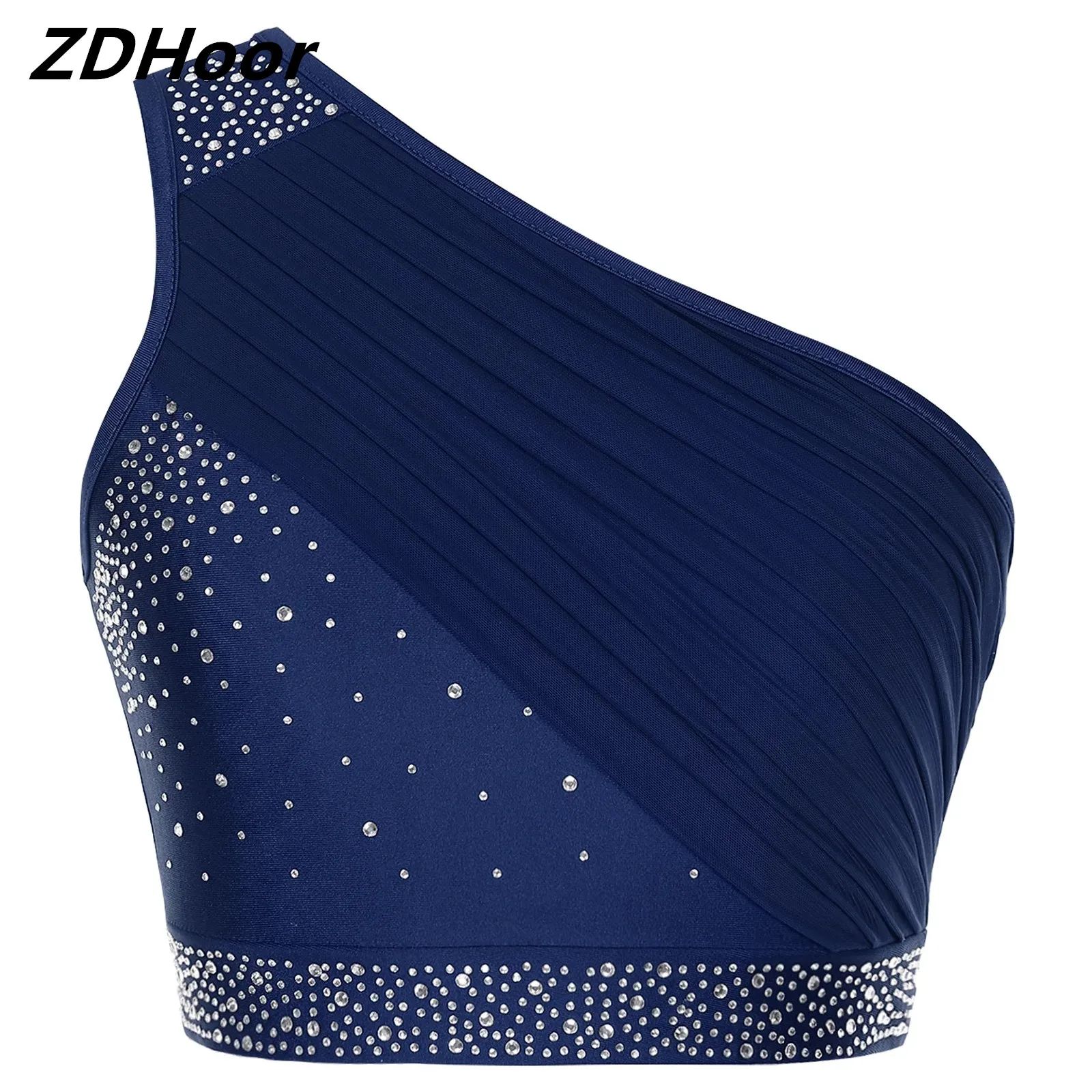 

Womens Lyrical Dance Tops Costume Adult Modern Dancewear One Shoulder Ruched Mesh Overlay Rhinestones Crop Top