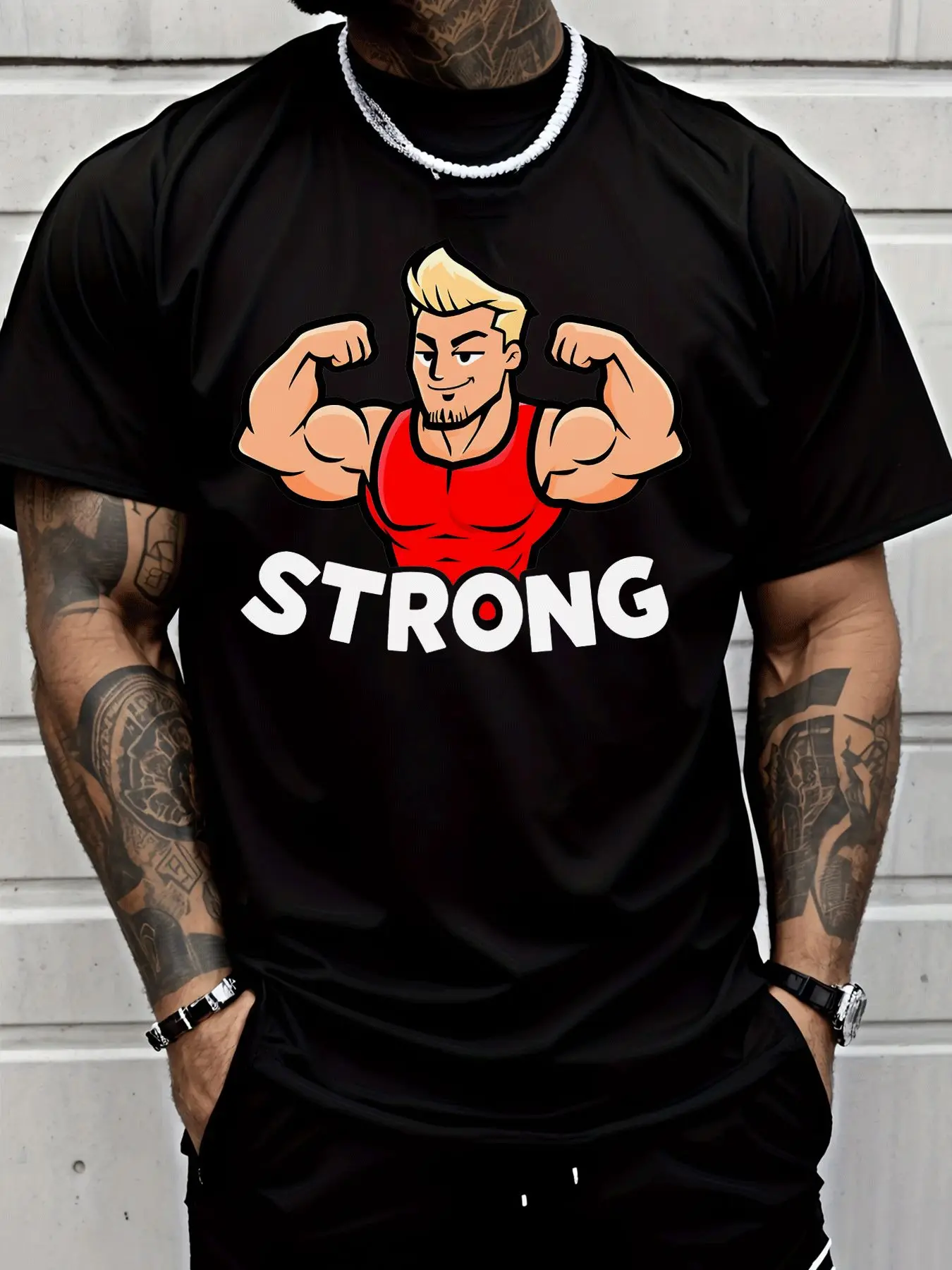 Men Black Crew Neck Tee Cartoon Blonde Muscular Man Flex Arms Red Tank Top Strong Text Gym Fitness Casual Cotton Tops