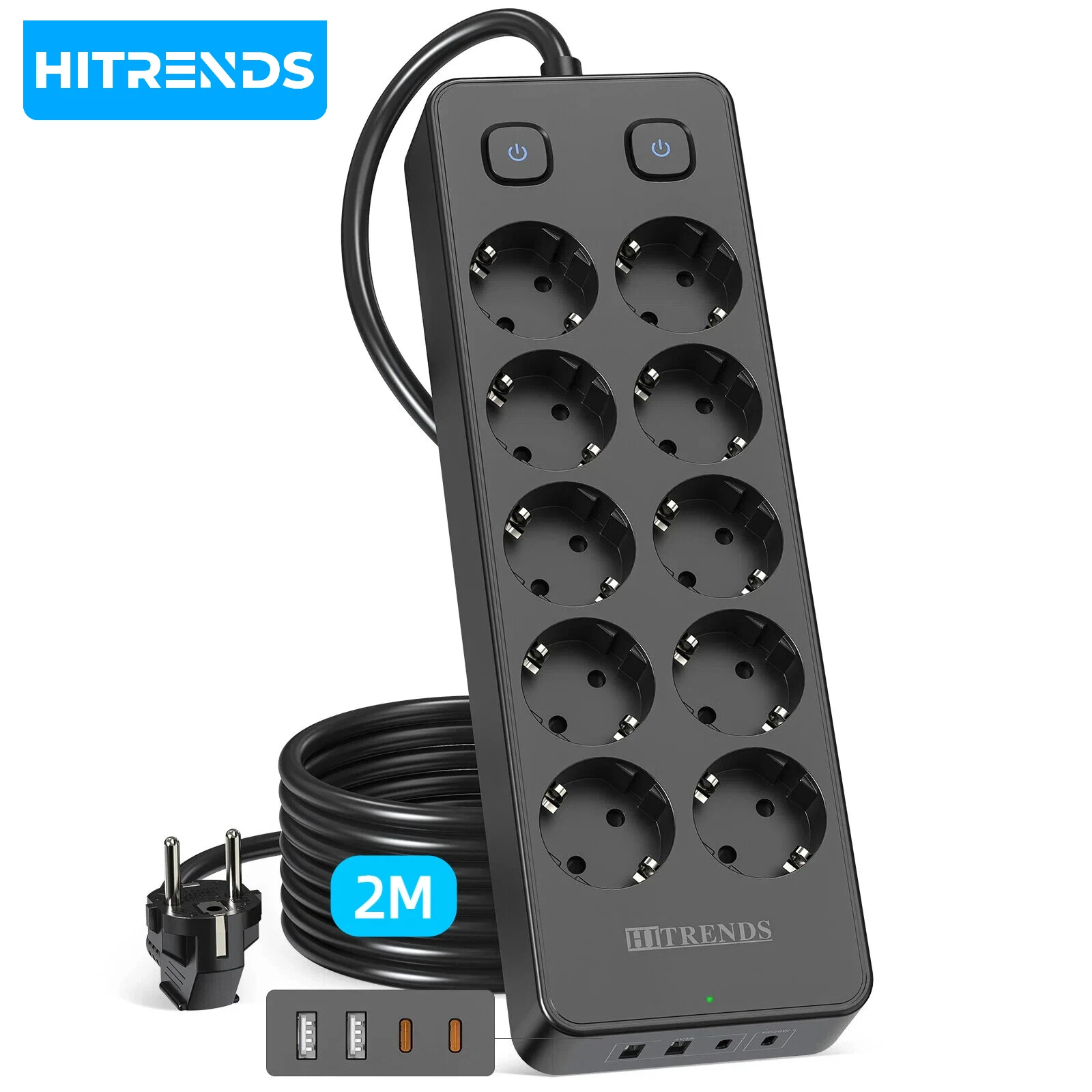 HITRENDS 14-in-1 EU Socket with PD 20W Fast Charging, 2-Meter Cable, Dual Independent Switches, Wall-Mounted Power Strip