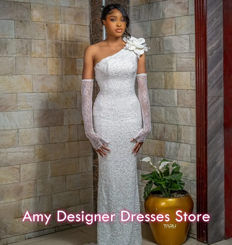 Elegant Wedding Dresses For Women Simple One Shoulder Sweep Train Pearls Lace 3D Flower Mermaid Bridal Gowns Customized