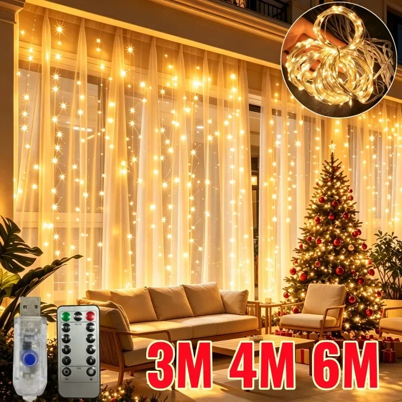 USB Curtain LED String Lights 8 Modes Remote Control Holiday Wedding New Year Fairy Garland Lights for Bedroom Living Room Decor