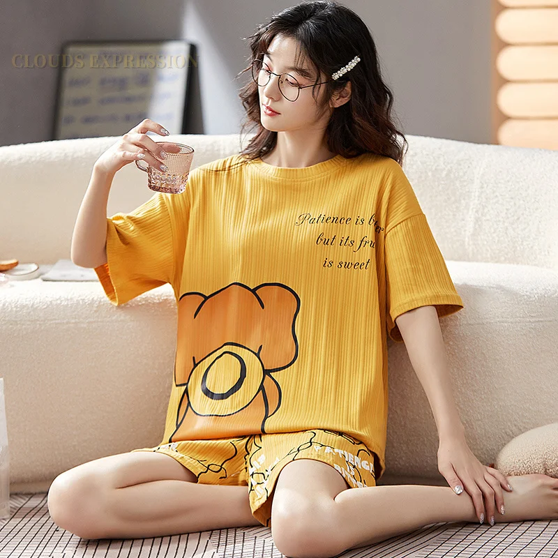 Summer Women\'s Pajamas Knitted Cotton Kawaii Girls Cartoon Pyjamas Set Casual Sleepwear Short Sleeve Homewear Short Suit Fashion